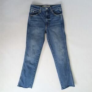 Amo Jeans Chloe Crop Women's 26 Blue Straight Leg Mid Rise Raw Hem Medium Wash